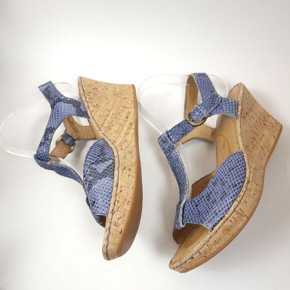 BORN MARES suede snake skin t-strap Blue Size 10 Wedge Sandal Shoes - Picture 11 of 12